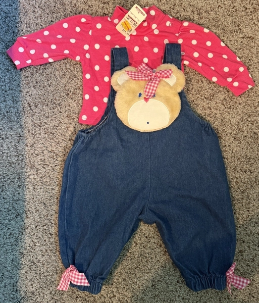 VINTAGE 1980's HOPSCOTCH Girls Overalls Denim 0-6M 0-3M Denim Bear NWT So Cute!