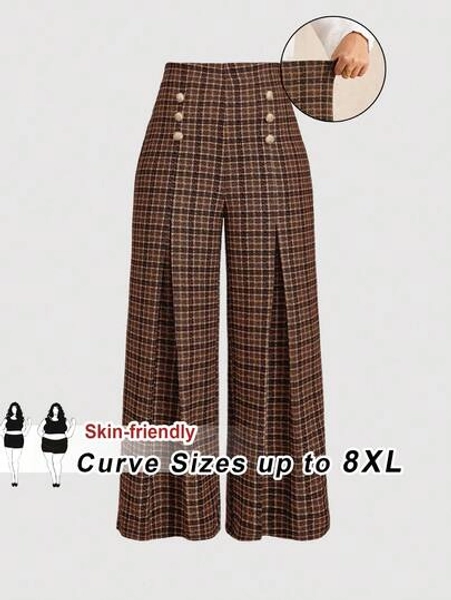 SHEIN CURVE+ Plus Size Women's Retro Plaid Urban Commuting Elegant High Waisted Wide Leg Pants