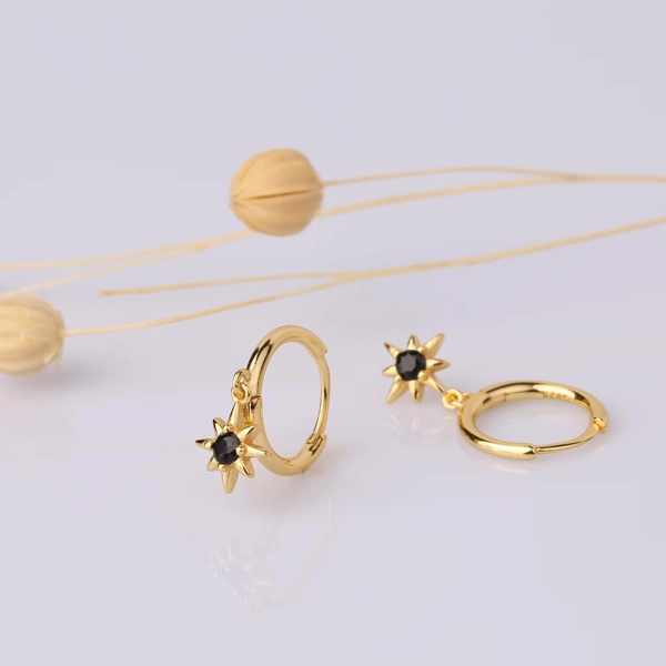 Sterling Silver Dangle Star Huggie Hoop Earrings, Gold Black Starburst Charm Huggie Droop Hoop Earrings, Minimalist Dangling Star Earrings