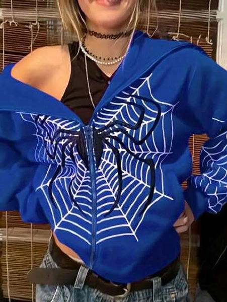 INAWLY Spiderweb Print Zipper Front Hooded Spring/Autumn Casual Hoodie,Long Sleeve Tops Graduation,Back To School Outfits,Graduation,Teacher Outfits For Women,Back To School Pullover Fall Outfit