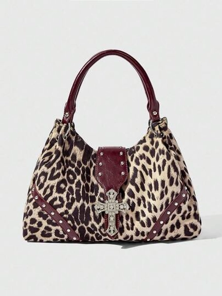 ROMWE Grunge Punk Fashionable Vintage Leopard Print Cross Decor Women Shoulder Bag - Size one-size