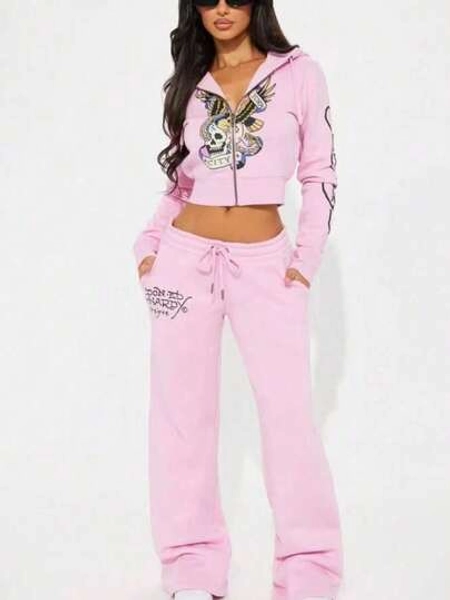 2 Piece Sets Women Winter Clothes For Women Two Piece Sets New Years Outfit Women Fashion Street Casual Comfortable Painted Zipper Hooded Positioning Printed Two-Piece Women's Clothing