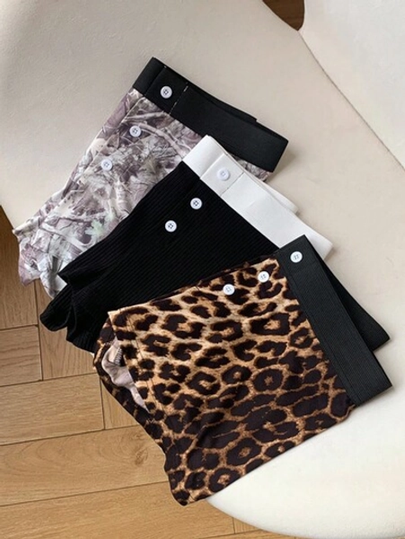 Comfortcana Women's Fashion Button Contrast Color Elastic Breathable Comfortable Shorts Leopard Shorts Multi Pack Shorts Animal Print Shorts Leopard Print Shorts Cheetah Print Shorts Cheetah Print Bottoms Leopard Print Bottoms