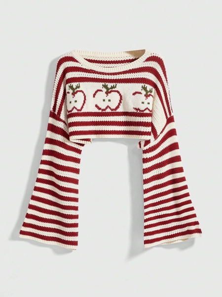 ROMWE Kawaii Spring Casual Graphic Red Cute Mori Style Apple Pattern Cropped Loose Flare Sleeve Sweater
