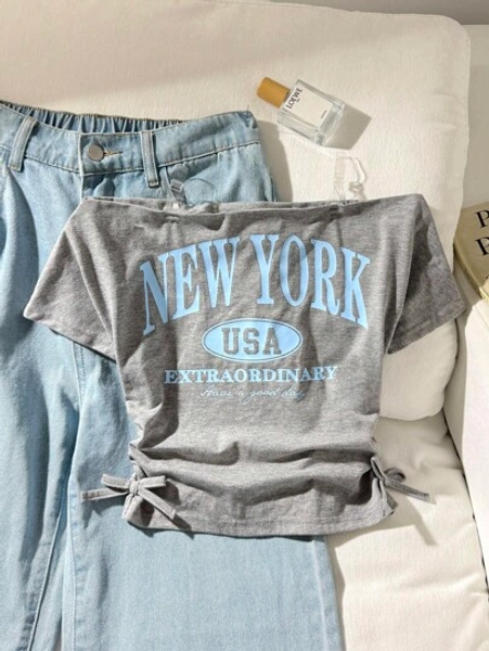 SHEIN Tween Girl Casual Street Style Off Shoulder Short Sleeve Side Ruched New York Slogan Print Fitted Knit T-Shirt, Heather Gray Tween Girls Short Jean Pants Set Vintage T Shirts Girls Graphic Tees Grey Crop Top Tween Clothing Set