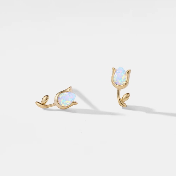 PERIMADE Tiny Opal Tulip Stud Earrings • Dainty Small Tulip Flower Earrings • Sterling Silver Friendship Jewelry • Trendy Best Friend Gift
