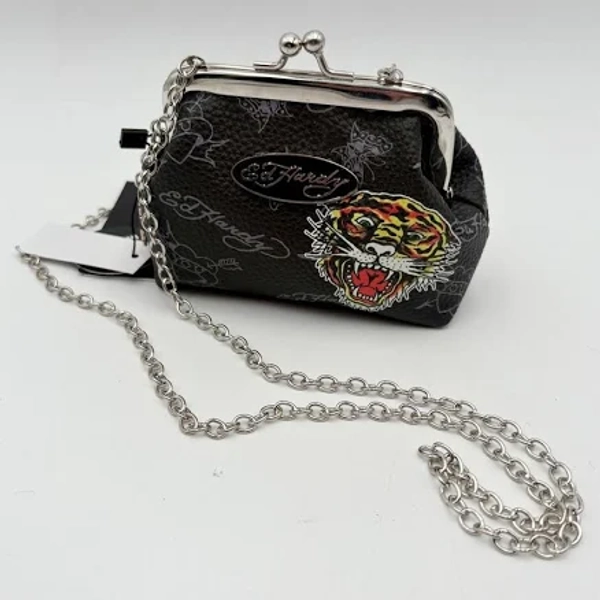 Ed Hardy Coin Purse Kisslock Tiger Tattoo Chain Shoulder Bag Black