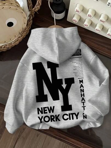 Attitoon NY Letter Graphic Plus Size Women Hoodie, Casual Drawstring Thick Sweatshirt, Autumn/Winter Fall