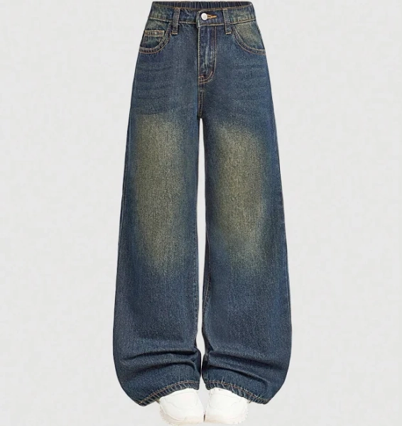 SHEIN Dark Wash Baggy Jeans Girls Kids Tween Pants Retro High Waist Straight Leg Denim Cat Whisker Loose Fit Casual Fall Winter