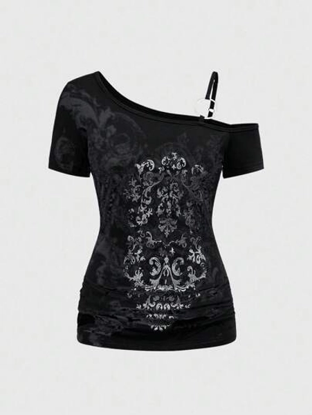 ROMWE Grunge Punk Cute Purple Vine Cross Shoulder Sleeveless Elastic Ruched Women Summer T-Shirt, Suitable For Beach, Graduation, Easter, Concert, Nashville Vacation, Elegant