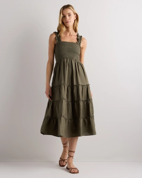 100% European Linen Smocked Midi Dress in Chambray Stripe