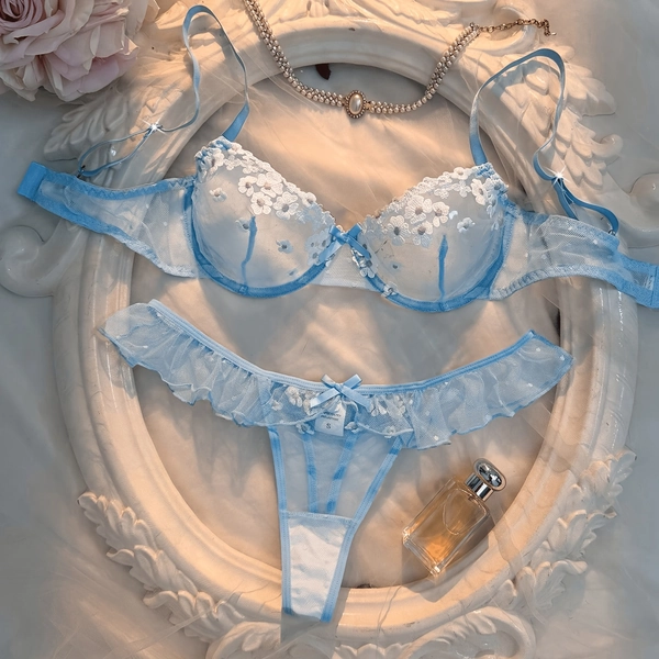 Lace Ultra-Thin Embroidered Bra, Mesh Sheer Lingerie, Gathering Floral Print Pure Desire Underwire Bra Set, Sexy