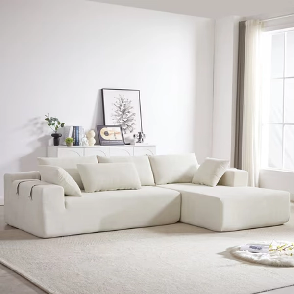 Leumius Modern Upholstered Sectional Sofa Couch 108  L Shaped Chenille Modular Free Combination Sofa Couch With 6 Pillows for Living Room Bedroom Right Chaise Beige
