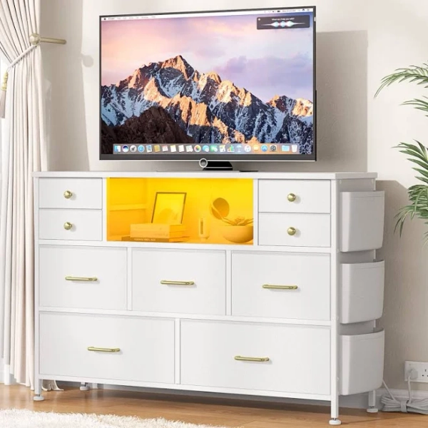 9 Drawer Dresser TV Stand with Power Outlets and LED Lights