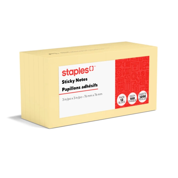 Staples Stickies Adhesive Notes - 3" x 3" - Yellow - 12 Pack