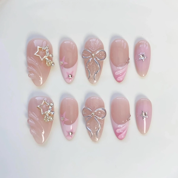 Y2K Cute Pink Press on nails long almond nails/3D Bow Nails/Star Nails/Y2k Nails/French Nails/Pink Nails/Star Nails/cute nails/kawaii nails
