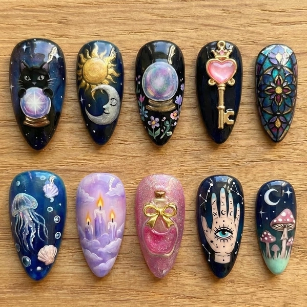 Handmade Mystic Press On Nails | Celestial Moon Crystal Ball Art | Long Almond Fantasy Nails
