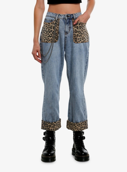 Leopard Detail Mom Jeans With Side Chain