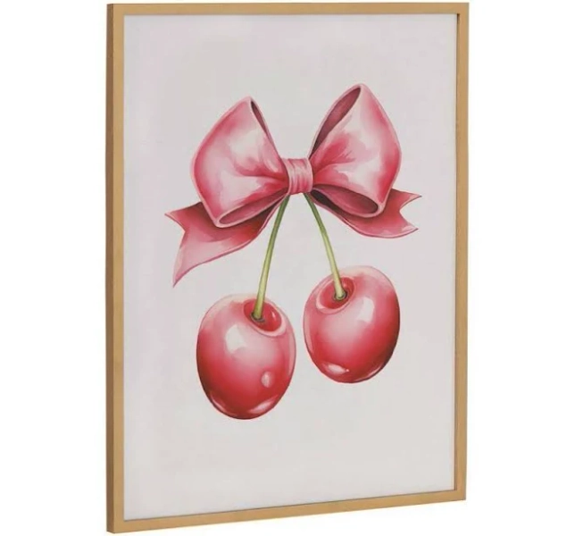 Kate and Laurel Gallery Coquette Preppy Retro Girly Red Pink Bow Cherries Framed Wall Art