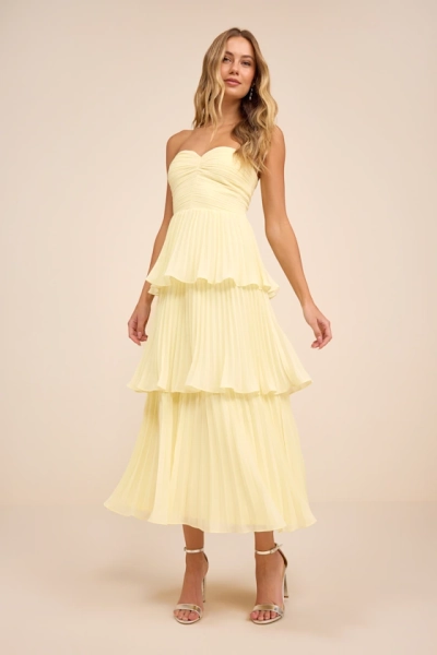 Seriously Sensational Light Yellow Strapless Tiered Midi Dress