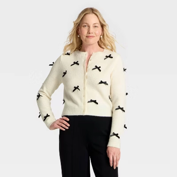 Women's Long Sleeve Party Cardigan Sweater - A New Day™ Cream/Black M