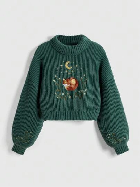 ROMWE Fairycore Plus Size Women Casual Autumn/Winter Fox & Floral Embroidered Sweater