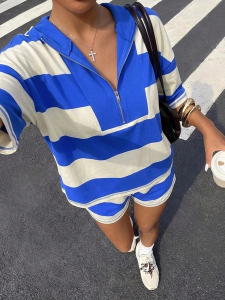 Striped Print Fashion Suit, Striped Color Blocking, Casual, Zip-Up Pocket, Women's Two-Piece Set, Sporty, Comfortable, Everyday, Summer Outfit.