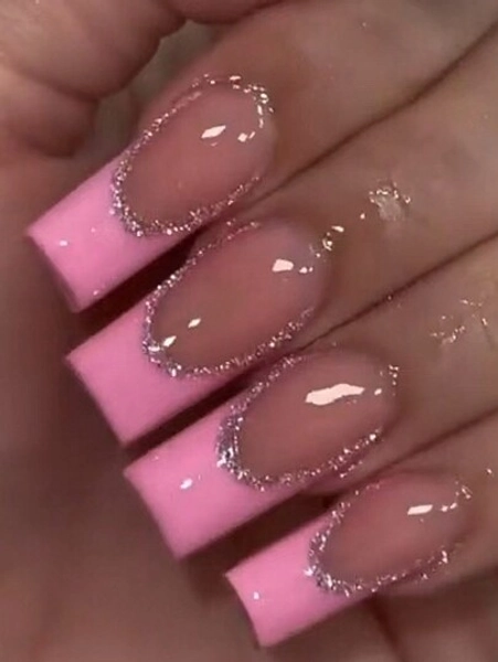 Elevate Your Style With, 24Pcs/Set Long Coffin Pink French Tip Press On Nails Tips Chic Minimalist Style - Reusable Design Fake Nail,Contain 1Pc Jelly Glue And 1Pc Nail File, Acrylic Fake Nails For Women And Girls, Daily Life And Party Use Nail Supplies Nails