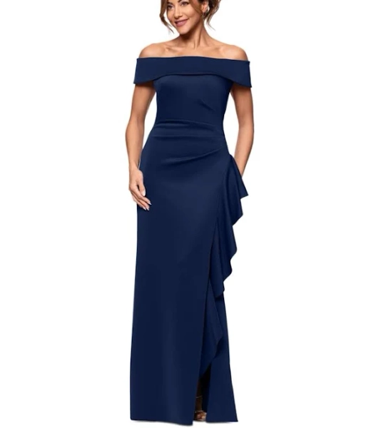 Xscape Women's Evenings Ruffle Off the Shoulder Scuba Knit Gown