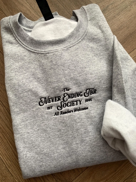 Bookish Grey Embroidered Crewneck Sweatshirt: TBR List Design