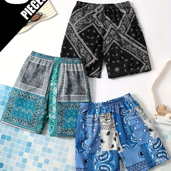 BAIOUNIAO Boys' 3pcs Paisley Shorts Set - 3-Season (Spring/Summer/Fall) Loose-Fit Breathable Beach Pants with Paisley Print, Knee-Length Casual Swim Shorts for Vacation & Casual Attire, Matching Outfits ( &) - Hand Washable, Perfect for Outdoor