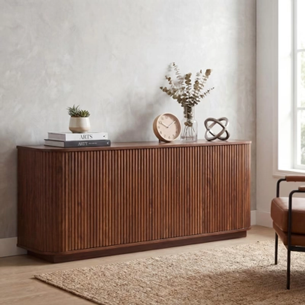 JVNOXK Sideboard Storage Cabinet TV Stand with wave pattern Buffet Cabinet Wooden Vertical Striped Cabinet for Entryway. Walnut