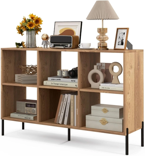 Meuble à Casier 6 Cubes-Bibliothèque Étagère Ouverte à 3 Niveaux-5 Pieds en Métal-120x35x79,5cm Charge 150KG Naturel