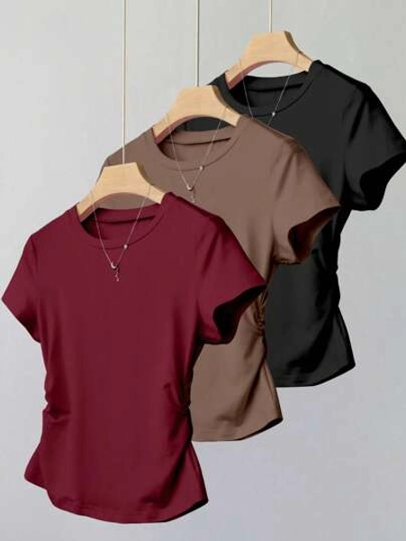 SHEIN Explorewe Teenage Girls 3-Piece Casual Solid Minimalist Matching Set, Includes Waist Cinch Short Sleeve T-Shirt, School, Campus, College