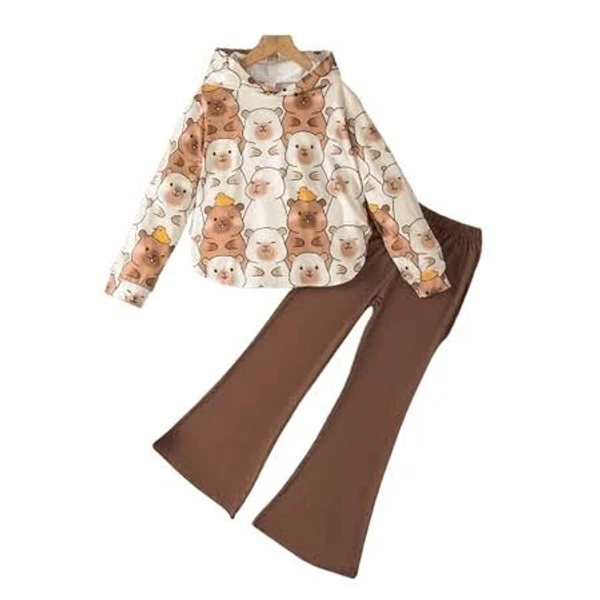 Girls' Cartoon Print Long Sleeve Hooded Top and Flared Pants