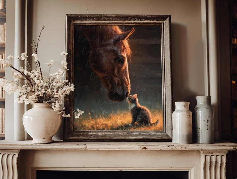 The Kitten & The Gentle Giant, Horse and Kitten Print, Farm Animal Wall Art, Country Nursery Decor, Rustic Farmhouse Art, UNFRAMED