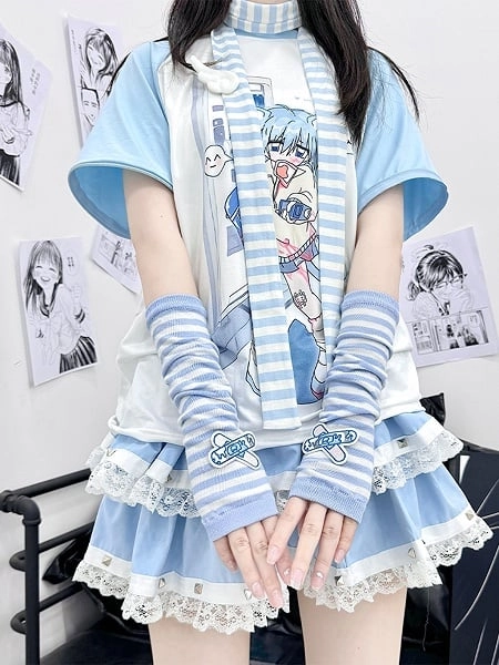[£3.72]White & Blue Stripe Pattern Yami Kawaii Sleeves 5 Options