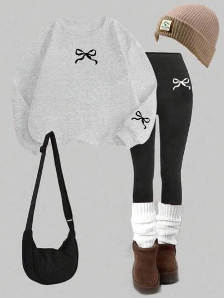 SHEIN Leap Crew 2pcs/Set Cute Mini Bow Print Pullover Hoodie & Pants, Pink, Casual Outfit For Teen Girls, Autumn/Winter Fall