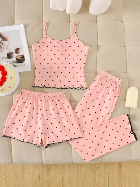 SHEIN Girls' Heart Print Spaghetti Strap Camisole Pyjamas