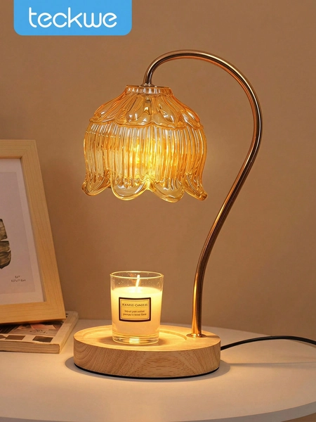 Teckwe Glass Candle Warmer Lamp, Curved Brass Gooseneck Melting Lamp With Wooden Base, Dimmable Candle Wax Melter Lamp For Scented Candles Bedroom Living Room Home Decor Lighting-UK Plug