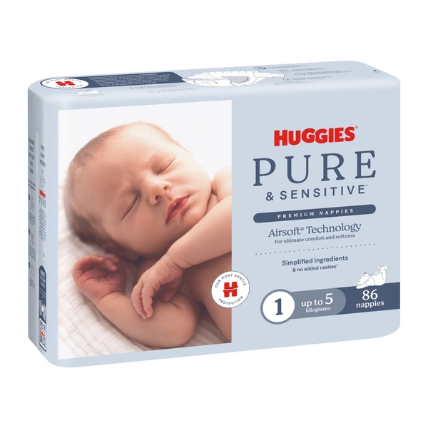 Huggies Pure & Sensitive Nappies 86 Pack Size 1