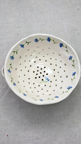 Handmade Ceramic Colander: Cornflower Design, Pasta & Berry Strainer