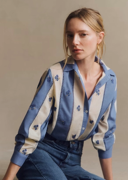 Camisa Marzia - Rayas crudo azul bordado floral 