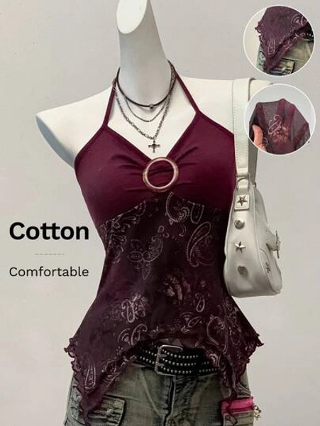SHEIN EZwear Knitted Burgundy Retro Printed Mesh Camisole Top For Women