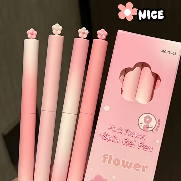A Set Of Four Pink Flower Spin Gel Pens, Macaron Gradient Pink Flower Decor Cute Girly Style, Spin-To-Advance Smooth Writing - AliExpress 21