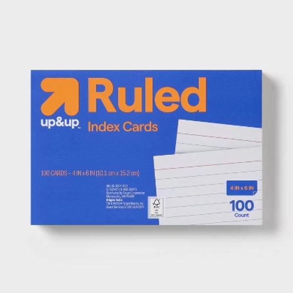 100ct 4" x 6" Ruled Index Cards White - up&up™: College Rule, Uncoated, 72 lb, Paper Basics, 4x6 Note Card Size