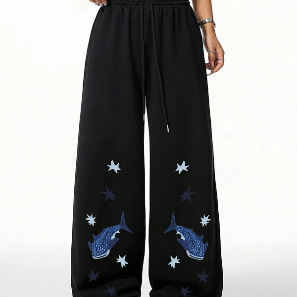 Women'S Casual Shark Print Sweatpants, Polyester 100%, Knit Fabric, 210g/m², Elastic Waist with Drawstring, Straight-Leg, Winter Sports Pants