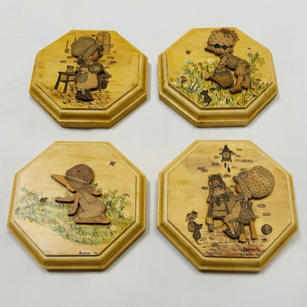 Vtg  1970s Hand Painted Wood Wall Plaques Set 4 Cottagecore Nursery Decor