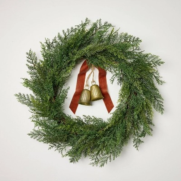 26" Cypress with Brass Bell and Red Ribbon Christmas Wreath - Hearth & Hand™ with Magnolia