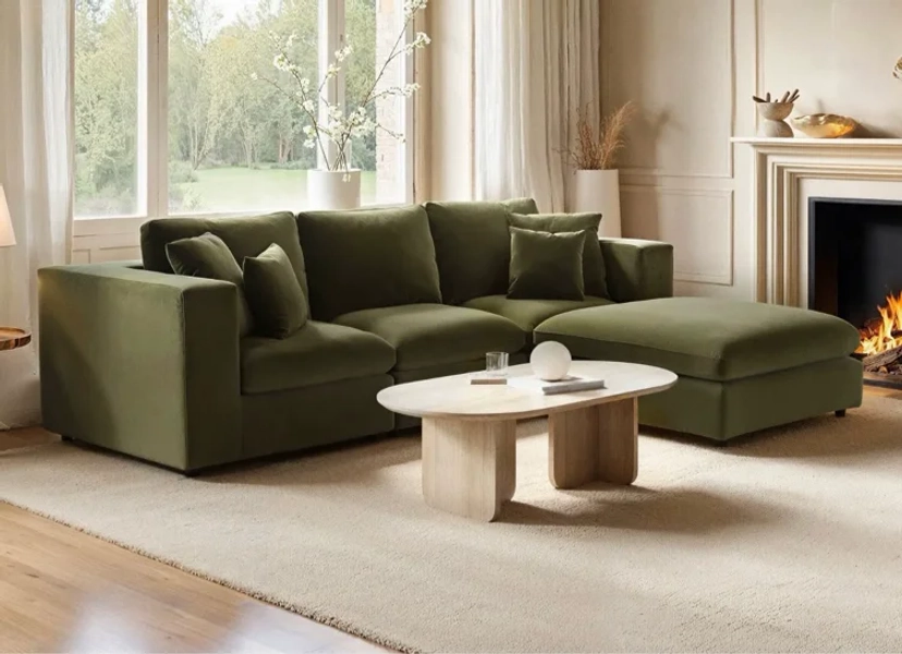 SOLACE+CO Asher 4 Seater Sofa with Reversible Footstool Beige Boucle